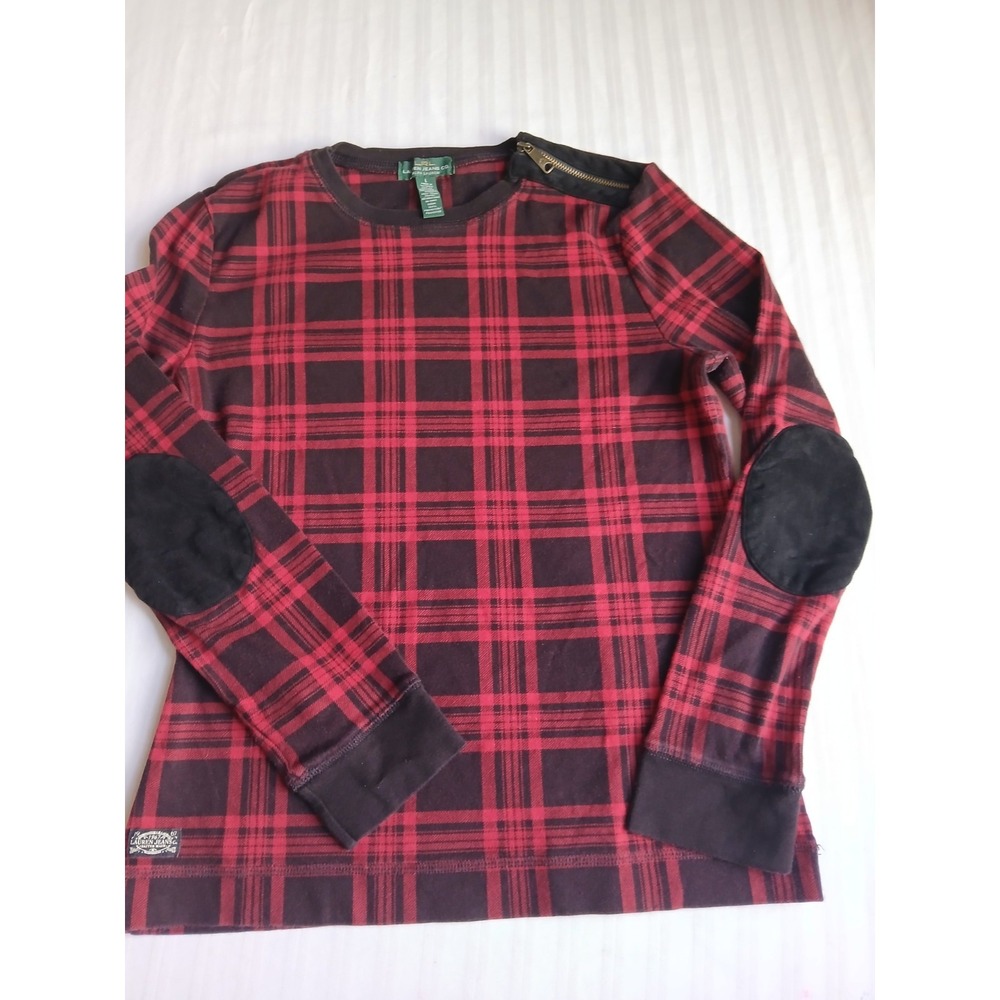 Lauren Ralph Lauren Top Large Tartan Plaid Arm Patch Grunge Goth Thermal Slim Fi